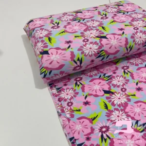Algodon Licrado Estampado Diseño Flores Veraniegas Celeste con Magenta