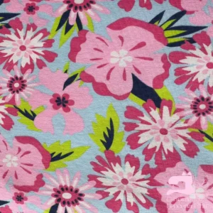 Algodon Licrado Estampado Diseño Flores Veraniegas Celeste con Magenta