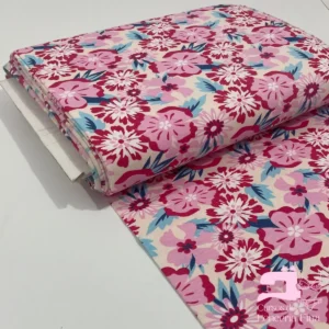 Algodon Licrado Estampado Diseño Flores Veraniegas Perla con Rojo