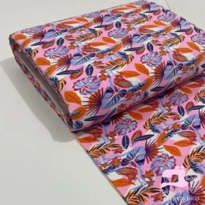 Algodon Licrado Estampado Diseño Palmeras Azul Noche con Rosado