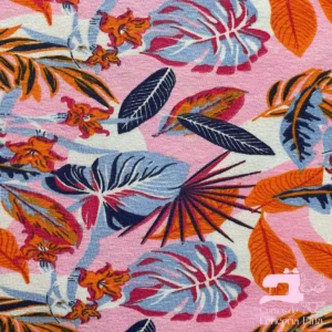 Algodon Licrado Estampado Diseño Palmeras Azul Noche con Rosado