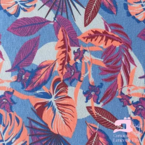 Algodon Licrado Estampado Diseño Palmeras Blanco con Mandarina