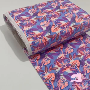 Algodon Licrado Estampado Diseño Palmeras Blanco con Mandarina