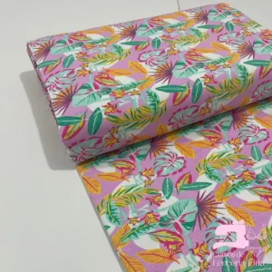 Algodon Licrado Estampado Diseño Palmeras Verde Jade con Ambar