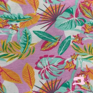 Algodon Licrado Estampado Diseño Palmeras Verde Jade con Ambar