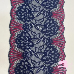 Encaje Elástico Matizado Diseño Palmeras Azul Noche con Rojo