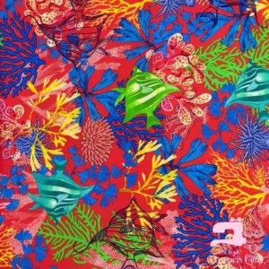 Licra para Traje de Baño Estampada Diseño Algas Marinas Rojo