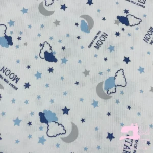 Algodón Jersey Acanalado Estampado Diseño Nubes Azul Noche