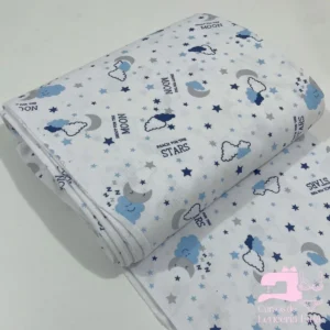 Algodón Jersey Acanalado Estampado Diseño Nubes Azul Noche