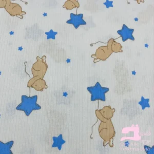 Algodón Jersey Acanalado Estampado Diseño Ositos Camel con Estrellas Azules