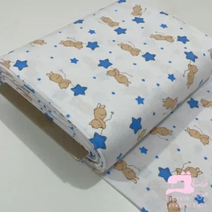 Algodón Jersey Acanalado Estampado Diseño Ositos Camel con Estrellas Azules