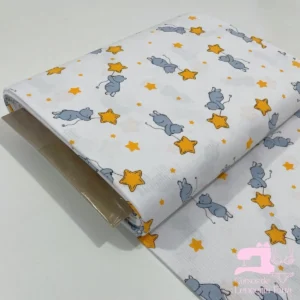 Algodón Jersey Acanalado Estampado Diseño Ositos Gris con Estrellas Amarillas