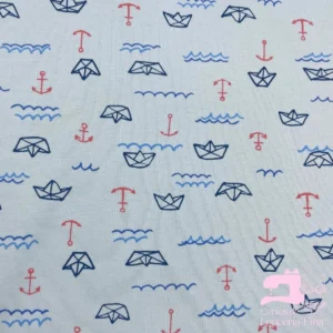 Algodón Jersey Gamuza 50/1 Estampado Diseño Barco de Papel